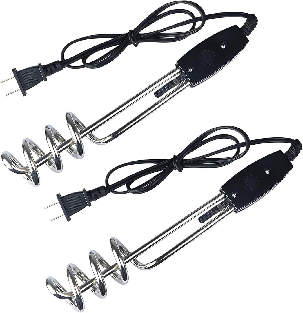 2 Pack 1000W Immersion Water Heater - 110V 10 Inch Submersible Heating Coil for Buckets, Hot Tubs, Jugs & Outdoor Camping
