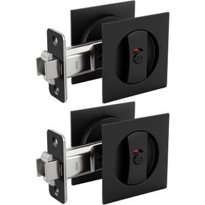 goldenwarm Matte Black Square Pocket Door Lock with Indicator, Pocket Door Hardware for 2-1/8'' Round Bore Hole, Pocket Door Handles Fit 1-1/4'' to 2'' Thickness Sliding Door 2-3/8'' Latch 2 Pack