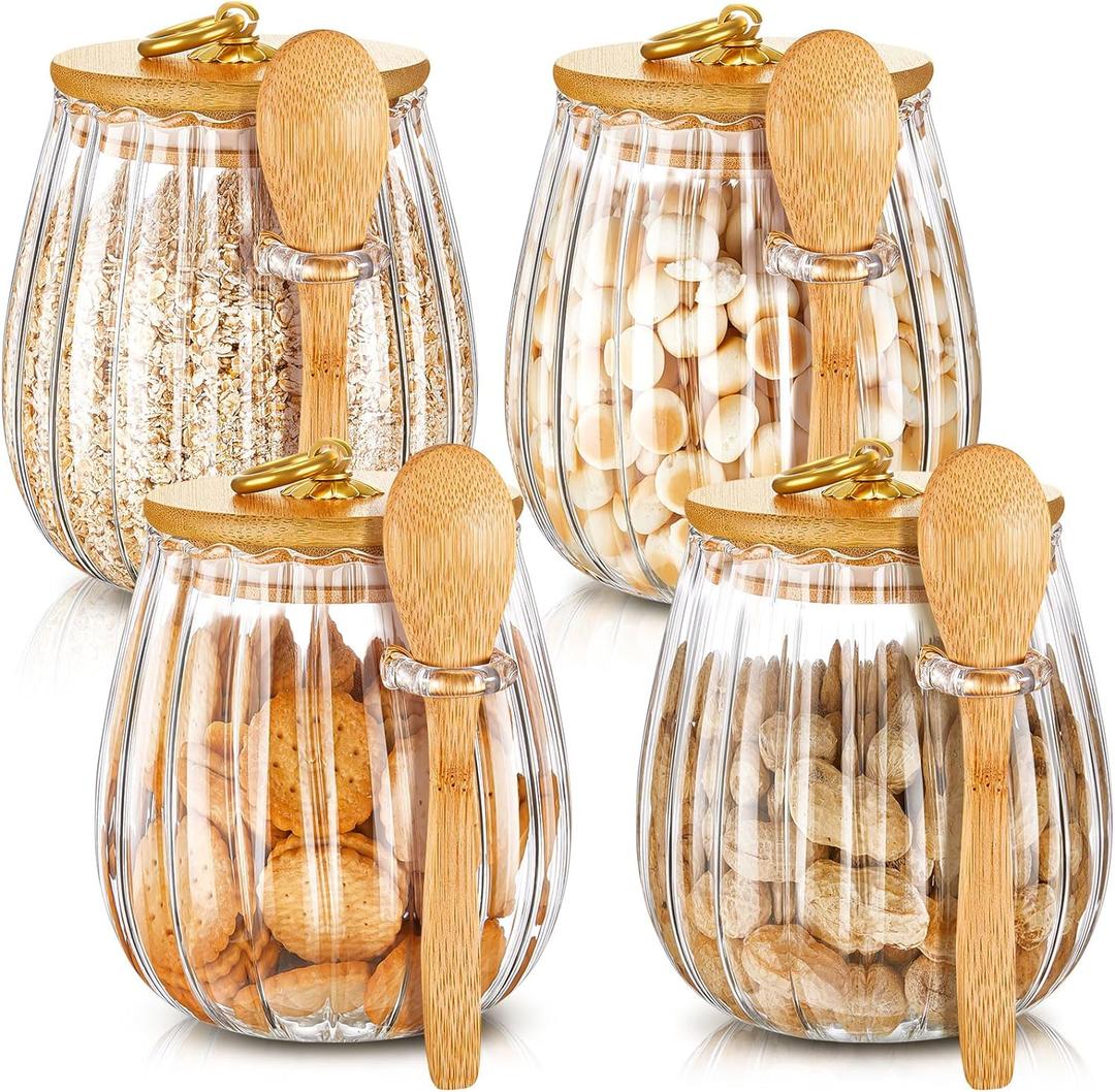 Pinkunn Set of 4 Glass Stripe Jar Glass with Bamboo Spoons 20 Fl oz Overnight Oats Containers with Lids Coffee Sugar Container Set for Kitchen Food Storage Coffee Tea Sugar (Oval)