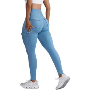 Butt Lifting Leggings with Flap Pockets Workout Cargo Leggings for Women High Waist Tummy Control Running Yoga Pants (X-Large, Sky)