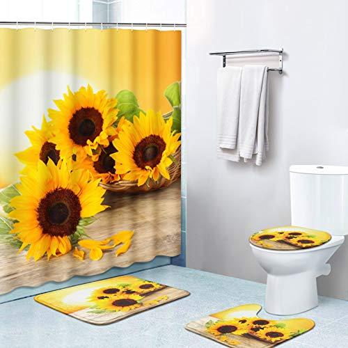 Britimes 4 Piece Shower Curtain Sets, with 12 Hooks, Summer Sun Sunflower with Non-Slip Rugs, Toilet Lid Cover and Bath Mat for Bathroom Decor Set, 72" x 72"