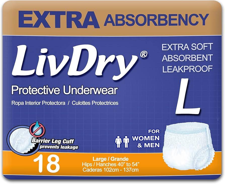 LivDry Adult Diapers Large Incontinence Underwear, Overnight, Leak Protection, 74 Count, L 