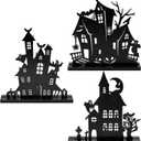 WATINC Halloween Wooden Centerpiece Decorations - 3Pcs Wood Silhouette Sketch Ghost House Tabletop Decor, Halloween Themed Black Pumpkin Boo Haunted House Detachable Table Topper for Home Kitchen