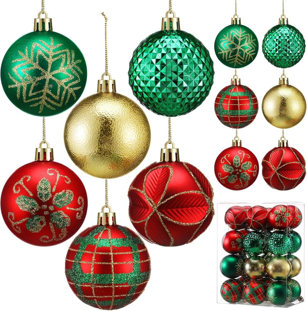 Syhood 24 Pcs Traditional Country Hanging Ball Ornaments Red Green and Gold Hanging Christmas Tree Balls 2.36 Inches Shatterproof Christmas Tree Ornaments Ball for Xmas Holiday Decor