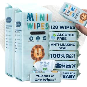 Travel Baby Wipes - Fragrance-Free Wet Wipes Travel Pack, Alcohol-Free & Hypoallergenic, 100% Plant-Based Bamboo, Moist 30 Days, Resealable, Leak Proof, 16 Pack (128 Wipes), 7 x 5.6 Inches (Sky Lion)