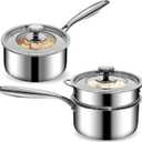 2.5QT & 3.5QT Tri-Ply Stainless Steel Saucepans with Steamer and Visible Lid Small Pot Sets Sauce Pan Glass Lid for Cooking Milk Pasta Soup, Cookware Dishwasher Safe Induction Compatible