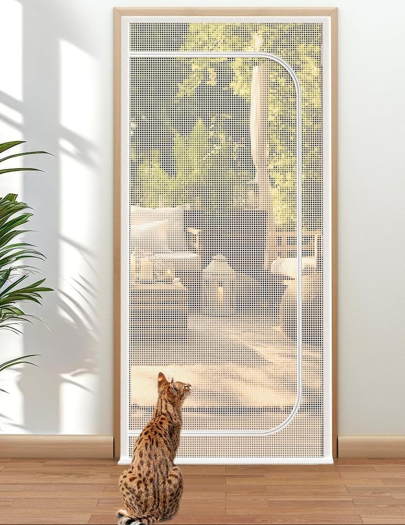 BFNN Cat Screen Door, Extra Tall Cat-Proof Mesh Gate, Fit Door Size 36'' x 82'', Anti-Cat Scratch Mesh with Zipper Closure, for Living Room, Kitchen, Bedroom (White)