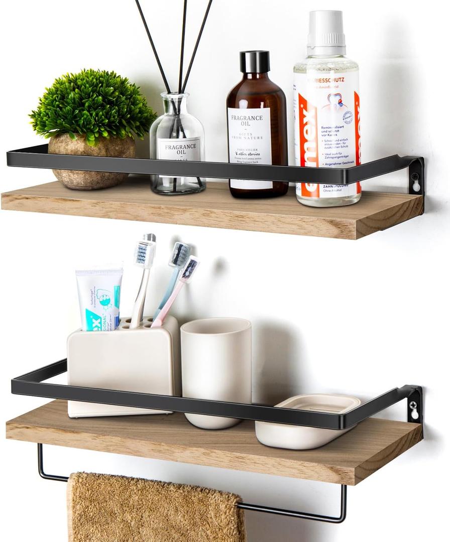 Floating Shelves for Wall, Bathroom Shelves with Towel Bar, Wall Mounted Storage Shelves for Kitchen, Bathroom, Set of 2 Natural