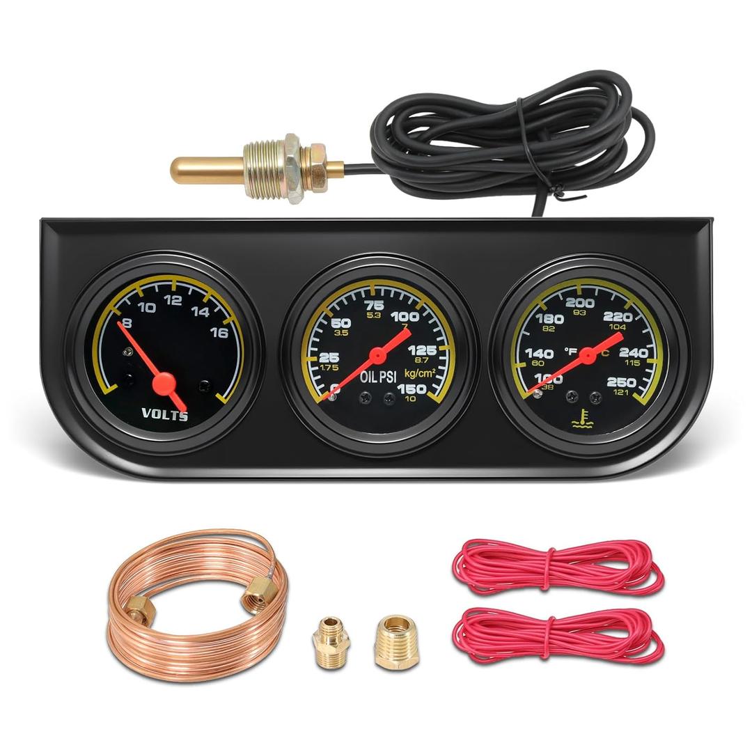 MH 2inch 52mm Triple Gauge Set, Oil Pressure Gauge (0-150PSI) Water Temperature (100F-280F) Voltmeter Car Auto 3 Gauges kit