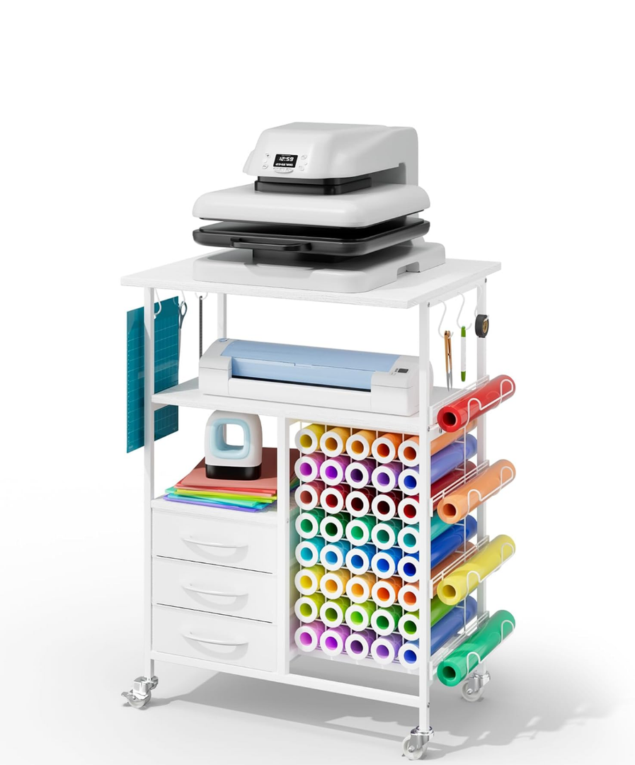 Homsorout Movable Heat Press Table - 6-Tier Heat Press Stand with Drawers and Vinyl Roll Holder, Craft Cabinet Table Compatible for Cricut Craft Cutting Machine Stand Workstation (White)