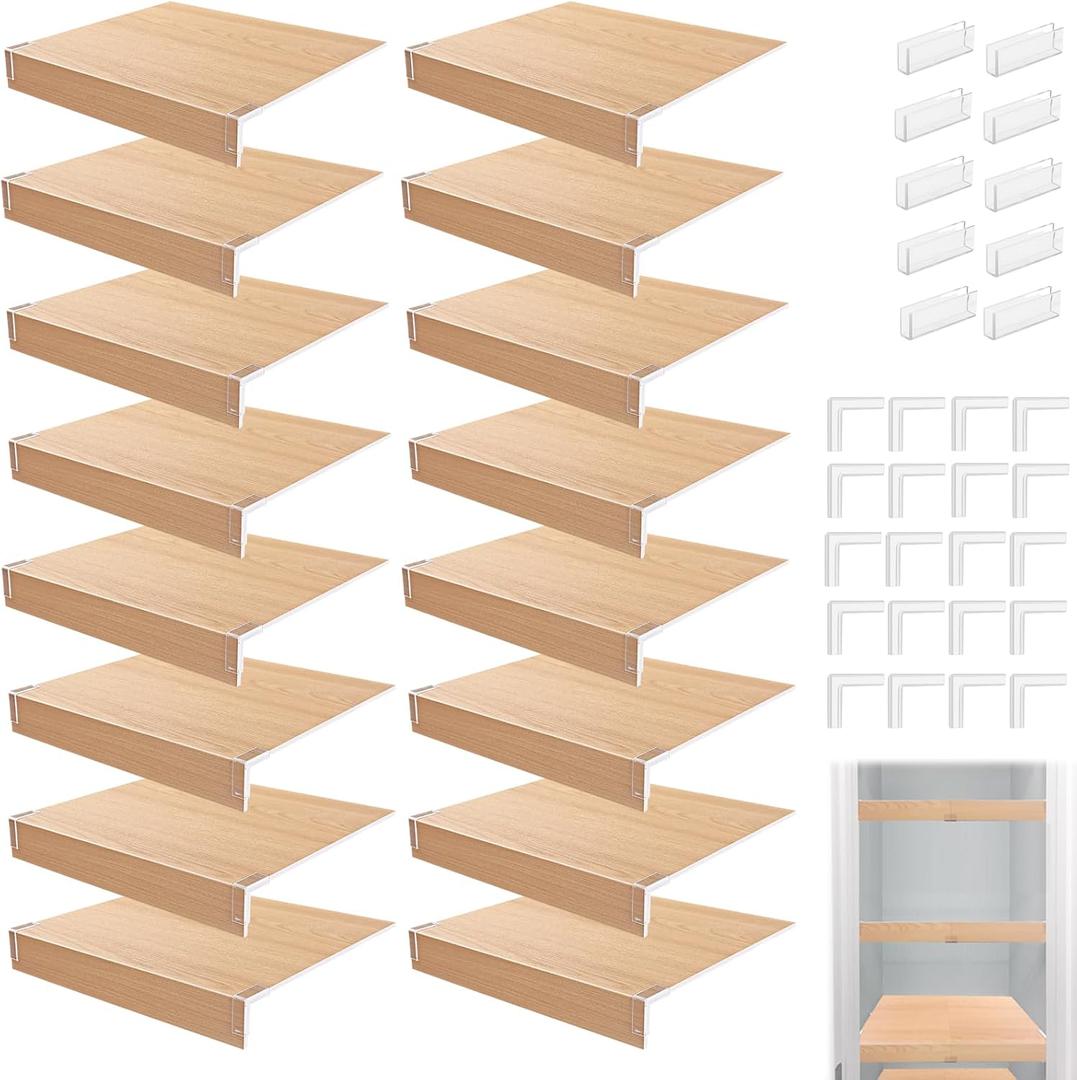 CroBlissful 16 Pcs Wire Shelf Covers 14x12 Inch Faux Wood PVC Shelf Liners Thick Rigid Wire Rack Covers with 7 Holders Adjustable for Closet Pantry Bathroom Mat Removable Interlocking Waterproof