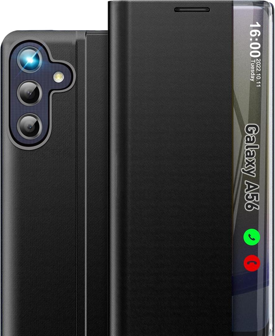 Phone Case for Samsung Galaxy A56 5G, Clear View Window Luxury Slim Mirror Case with Kickstand, Leather Hard PC Flip Shockproof Protective Cover (Black)