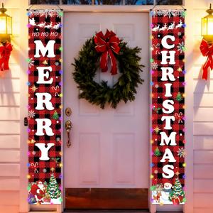 71 x 12 Inches Christmas Lighted Banner for Doorway Porch Yard, MERRY and CHRISTMAS Buffalo Plaid Holiday Theme Decor Outdoor Indoor Front Door Wall Welcome Hanging LED Banner Sign Decorations Party Supplies