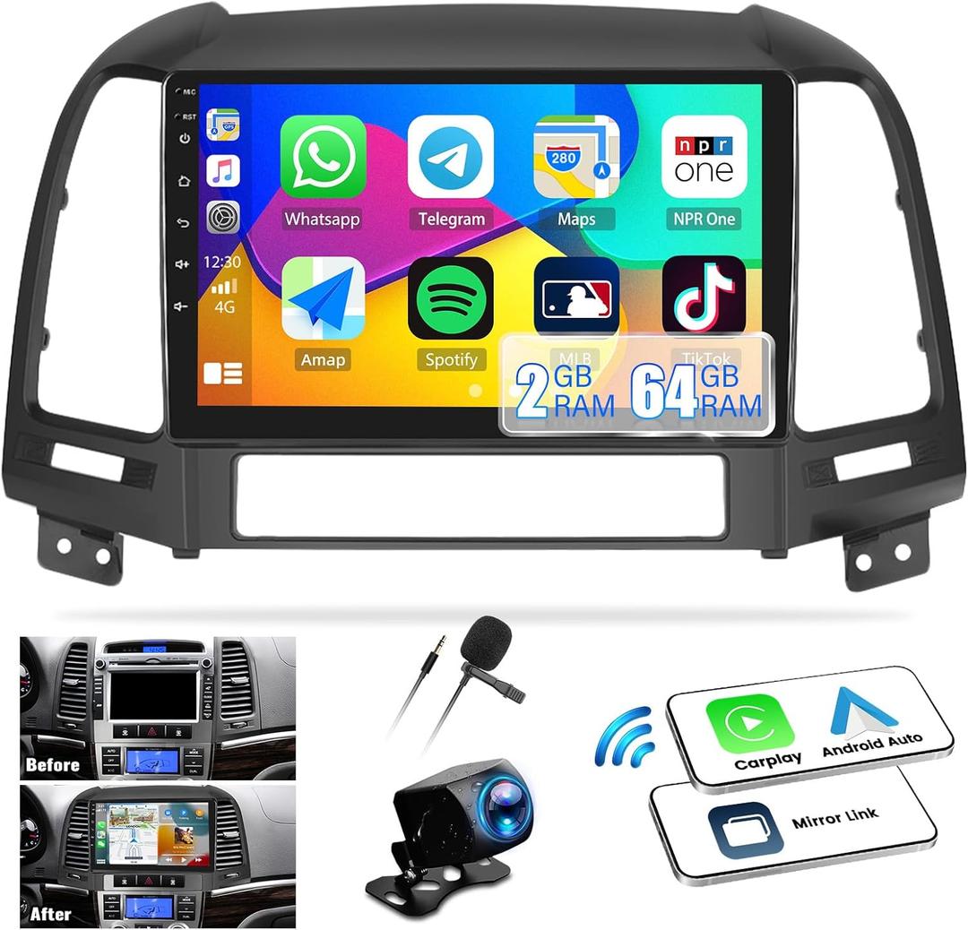 2G+64G Android 13 Car Stereo for Hyundai Santa Fe Radio 2006-2012 Wireless CarPlay Android Auto GPS Navigation 9 HD Touchscreen Bluetooth SWC FM/WiFi/Mirror Link+Backup Camera