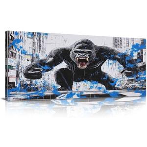 JEAWA Large Canvas Wall Art, Funny Angry Gorilla Abstract City Street Graffiti Pop Paintings Black and White Modern Picture for Living Room Bedroom Men Teenage Study Home Office Decor 24x48 IN