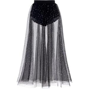 Women's Sheer Mesh 2 in 1 Glitter Sequin Elasticized High Waist A Line Party Maxi Skirt (Medium)