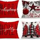 ORMAN Merry Christmas Xmas Trees Red Throw Pillow Covers, 18 x 18 Inch Christmas Winter Holiday Cushion Case Decoration for Home Sofa Couch Set of 4