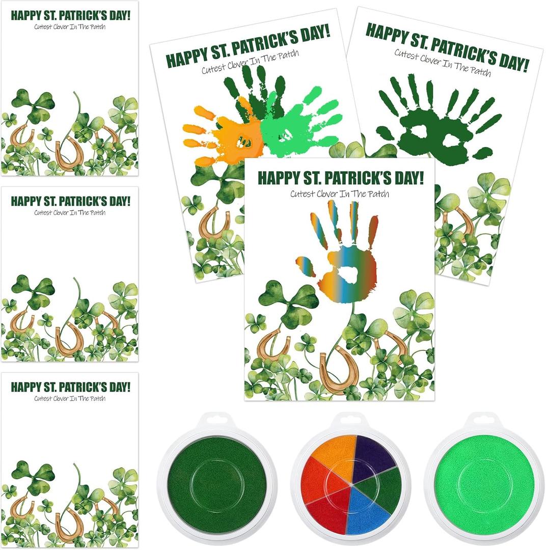 33 Pcs St. Patrick's Day Crafts Bulk Shamrock Handprint Cards and Large Ink Pads Luck Clover Greating Cards DIY St. Patrick's Day Gifts Irish Party Favors