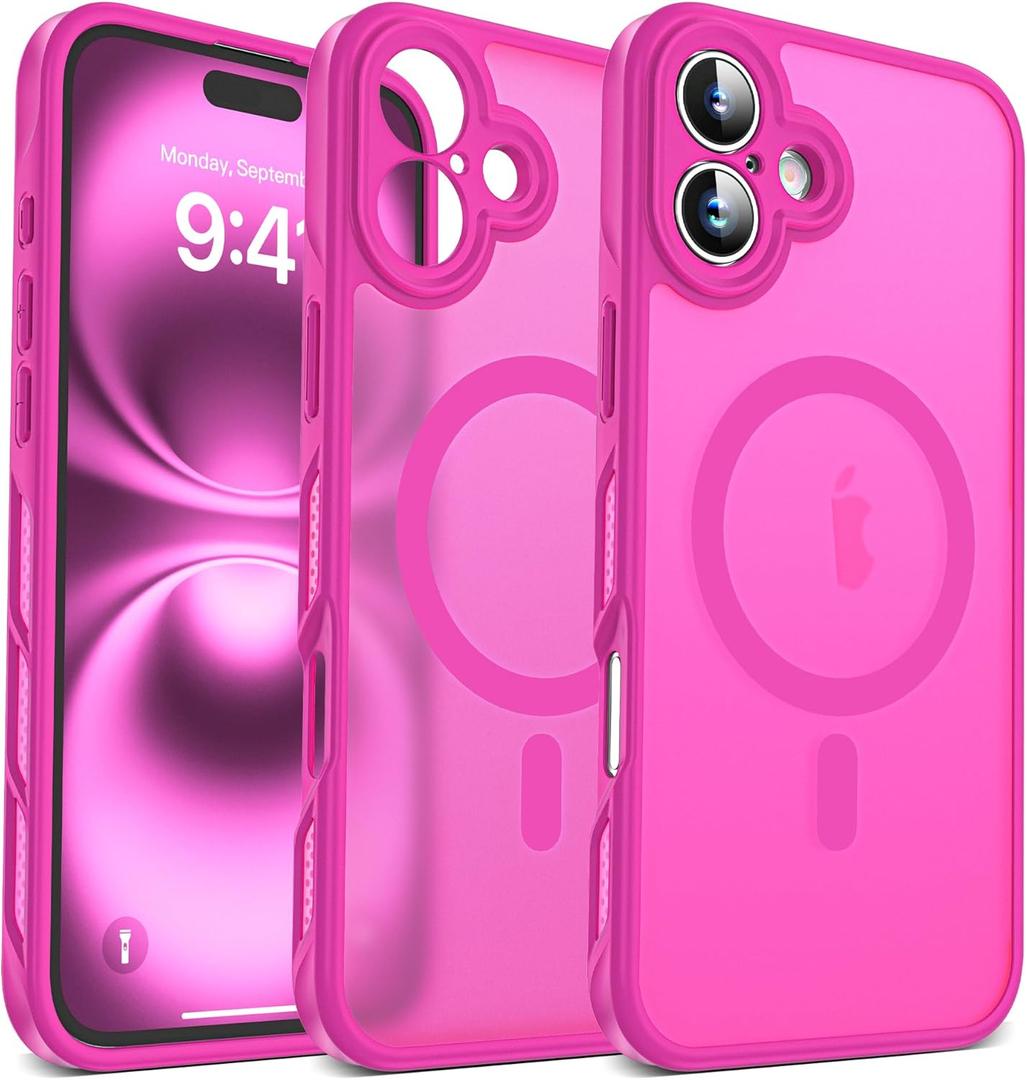 for iPhone 16 Plus Case with Magnetic [Compatible with Mag-Safe] [Upgraded Full Camera Protection] [Heat Dissipation] Matte Translucent Back Shockproof Phone Cover 6.7 Inch-Hot Pink