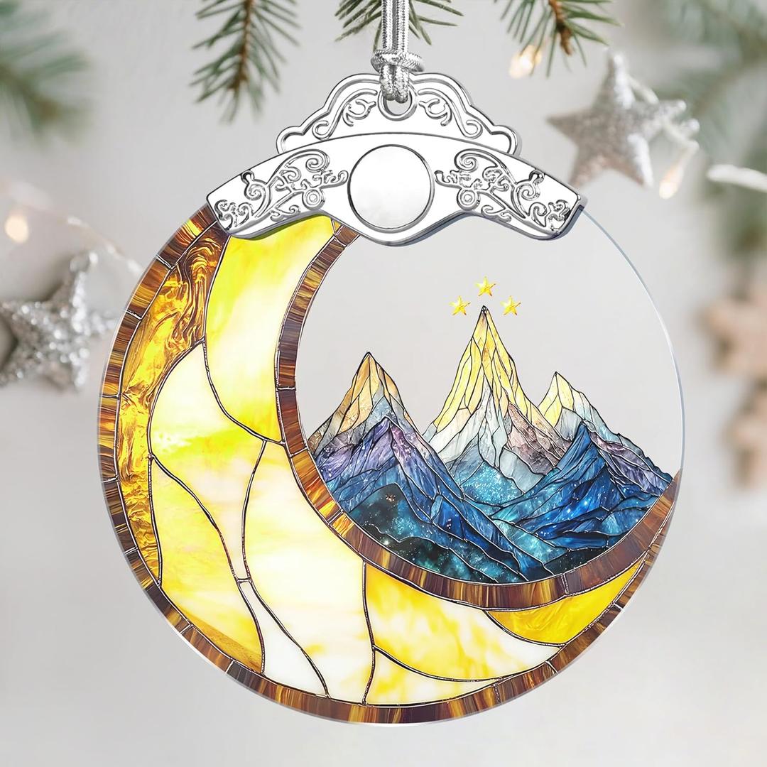 Christmas Ornaments: Stained Glass Ornament, Christmas Tree Ornament, Hanging Ornaments for Home Decor & Xmas Tree Decorations Holiday Decor, Holiday Present - Mountains & Moon