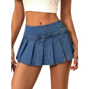 EMMIOL Denim Mini Skirt for Women - Mid Waisted Stretch Side Zipper Skort Y2k Casual Jean Skirts with Shorts Underneath, Dark Blue-055, M