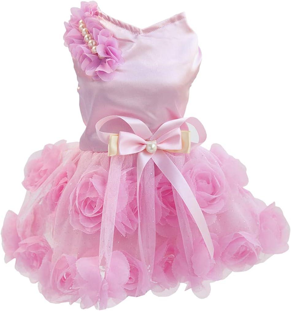 Dog Dress Luxury Puppy Skirt Clothes Princess Dresses Wedding Evening Tutu Skirt Rose Flower Bowknot Dresses for Small Dog Girl M Pink