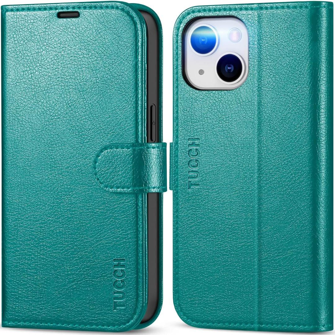 TUCCH Wallet Case for iPhone 14 6.1", Magnetic PU Leather Stand Flip Cover with 4 Card Slots [RFID Blocking] Folio [TPU Shockproof Interior Case] Compatible with iPhone 14 6.1-inch, Cyan