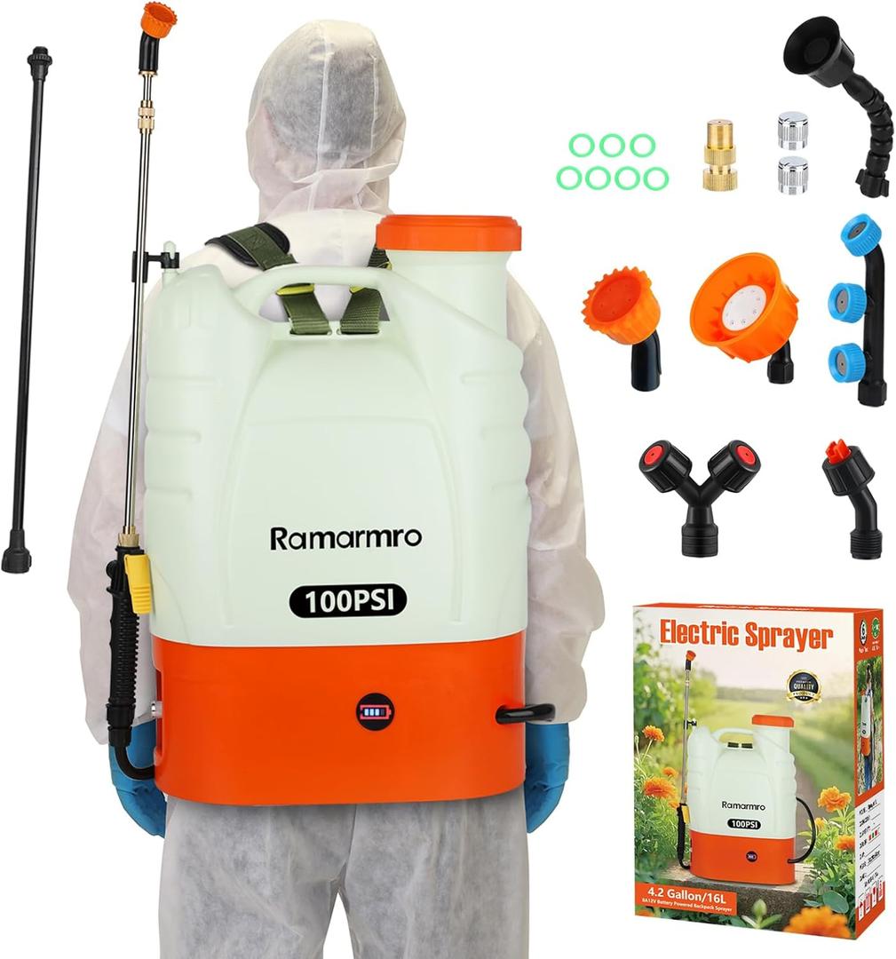 Battery Powered Backpack Sprayer 4 Gallon Lawn Garden Sprayer 8Ah 7.4V Lithium Battery Powered,100 PSI Cut Off Pressure with 8 Nozzles and 2 Wands, Weed Yard Sprayer for Lawn, Garden, Cleaning