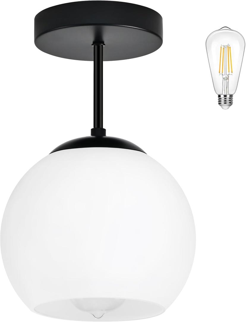 Black Semi Flush Mount Ceiling Light Fixture Milk Glass Light Fixture Mid Century Flush Mount Ceiling Light Black Flush Mount Ceiling Light Schoolhouse Light Fixture for Dining Room(Bulb Incl.) (7"-Opal Black)