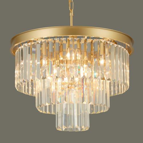Weesalife Crystal Chandeliers for Dining Room Lights Fixtures, 9 Lights Gold Modern Chandeliers for Bedroom, 3-Tier Round Crystal Lighting Fixtures for Living Room Entryway Kitchen Island D20 Inch, Gold