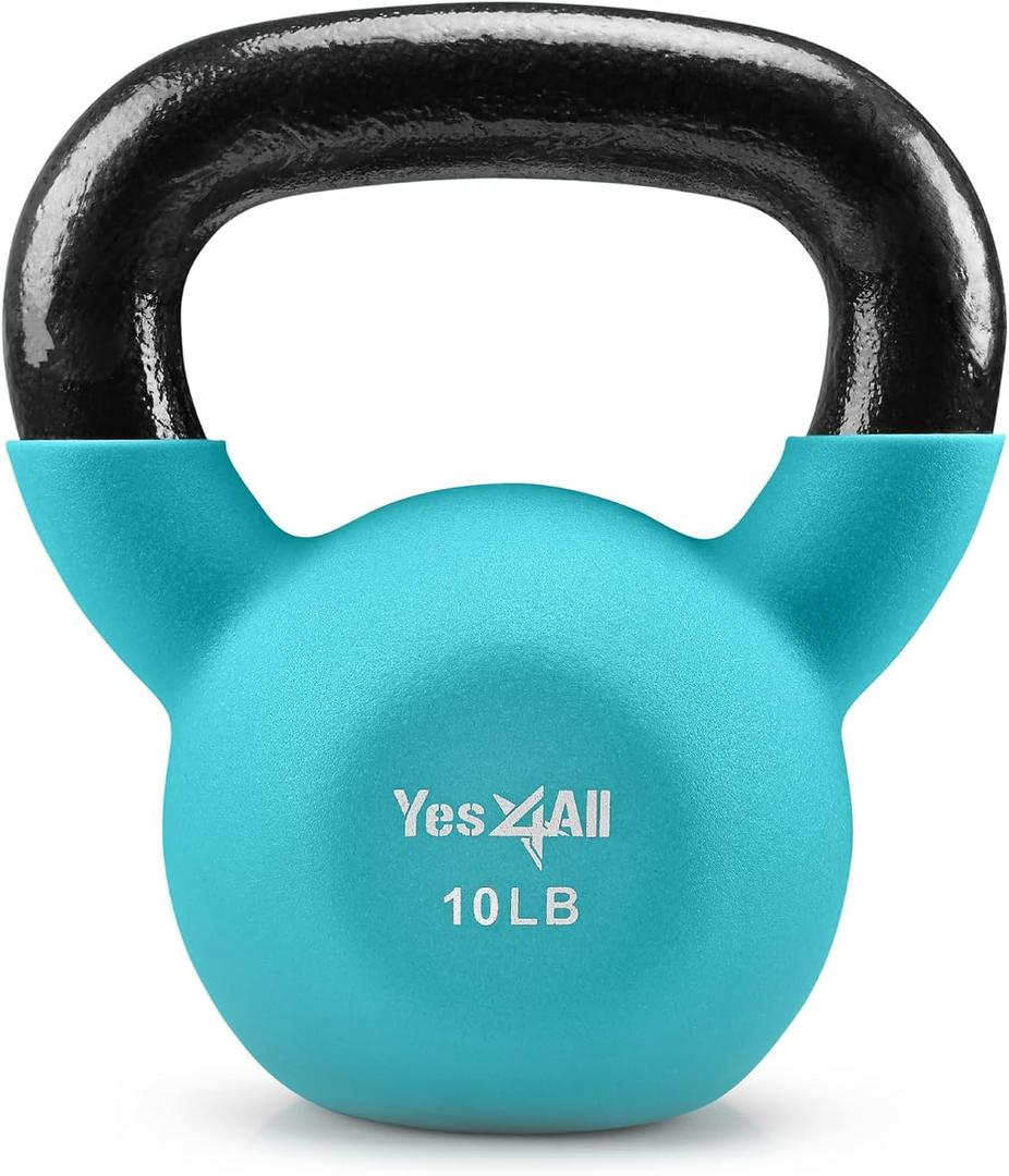 Yes4All Kettlebell, 10 LB Neoprene Coated Cast Iron Kettlebells, Wide Grip Handle & Flat Bottom for Swings, Squats, Deadlifts, Push Ups & Full Body Training at Home Gym - Single & Set