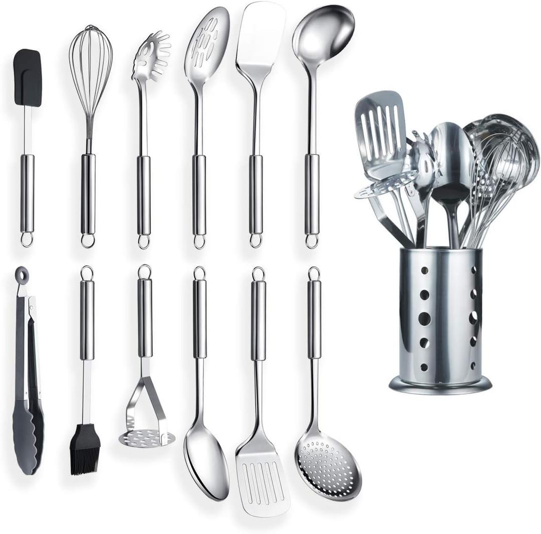 Berglander Cooking Utensil Set 13 Piece Stainless Steel Kitchen Tool Set with Holder, Include Cooking Spoon, Spatula, Whisk, Cooking Tong and etc. (13 Pieces)