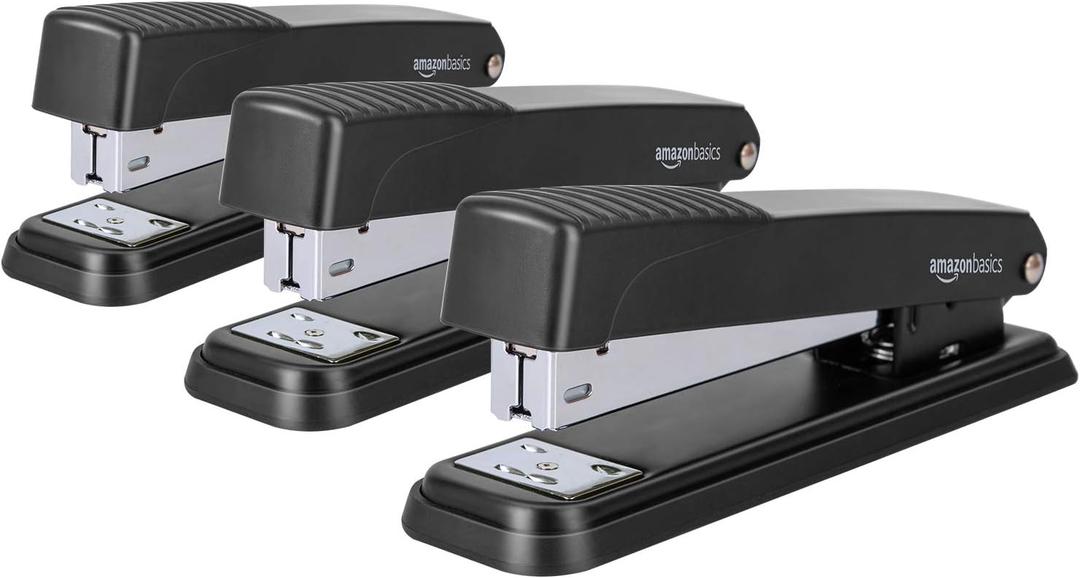 Amazon Basics Full-Strip Metal Office Desktop Stapler, 20 Sheet Capacity, Non-Slip, Black, 3-Pack