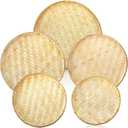 Goaste 5 Pack Round Bamboo Serving Trays, Decorative Flat Wicker Baskets, Handwoven Shallow Wicker Organizers for Food Storage, Fruit, Snacks, Kids DIY Drawing, Wall Hanging Decoration