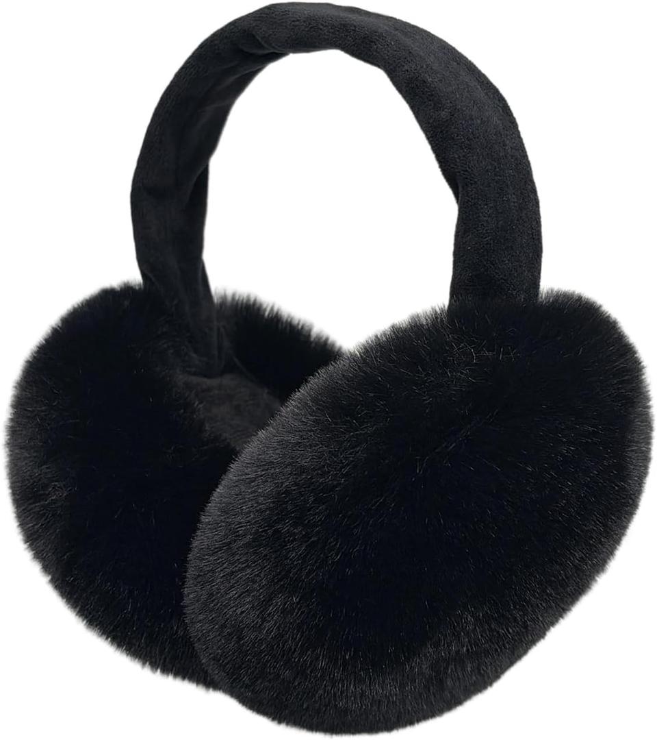Women Winter Earmuffs Adjustable Faux Fleece Ear muffs Foldable Furry Cute Girl Ear Warmer for Cold Outdoor (Black)