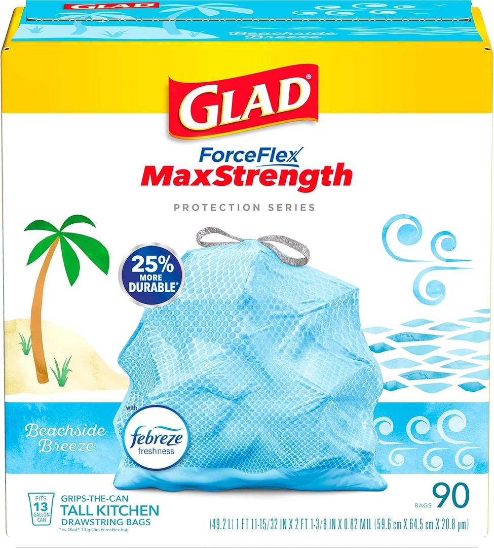 Glad Tall Kitchen Trash Bags 13 Gallon, MaxStrength Beachside Breeze Garbage Bags, Drawstring, 90 Count