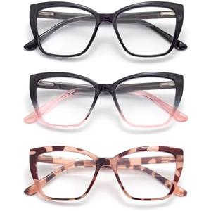 FoxMook 3-Pack Reading Glasses for Women, Oprah Style Frame Spring Hinge Readers Blue Light Blocking Glasses