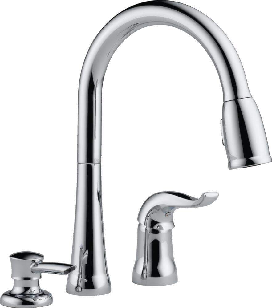 Delta Kate Chrome Kitchen Faucet with Pull Down Sprayer and Soap Disperser, Modern Two Hole Kitchen Sink Faucet, Single Handle, Chrome 16970-SD-DST