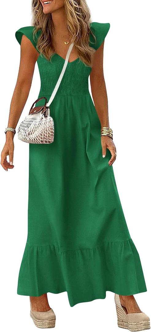 PRETTYGARDEN Women's 2026 Summer Casual Maxi Dresses Cap Sleeve V Neck Smocked Long Pockets Party Sundress Vacation Outfits, Size: M