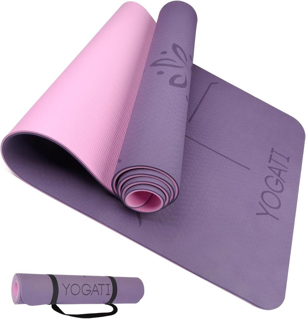 YOGATI Yoga Mat with Strap with Alignment Lines. Home Workout Mat for Women, Men and Kids. Thick Non Slip Yoga Mat for Pilates and Fitness. Brown, Pink and Purple Yoga Mats