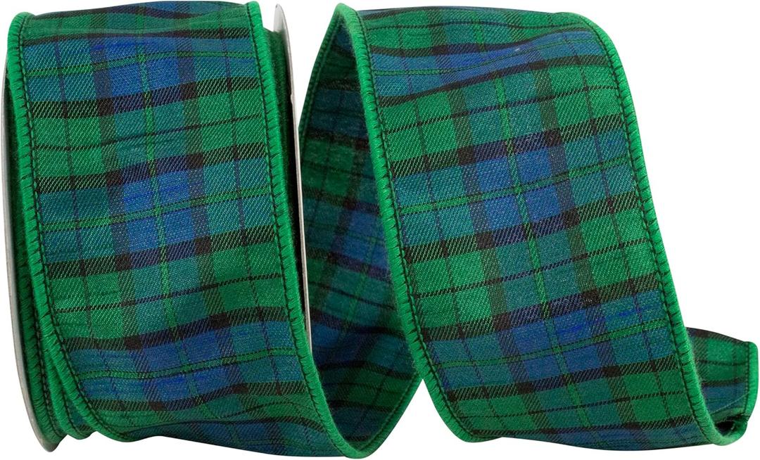 Reliant Ribbon 94084W-319-40F Black Watch Tartan Plaid Wired Edge Ribbon, 2-1/2 Inch X 10 Yards, Blue/Green