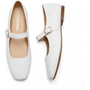 DREAM PAIRS Women's Flats Square Toe Mary Jane Flats Comfortable Casual Dress Shoes Ballet Flats with Buckle Strap Casual Work Office Mary Jane Shoes (11, White)