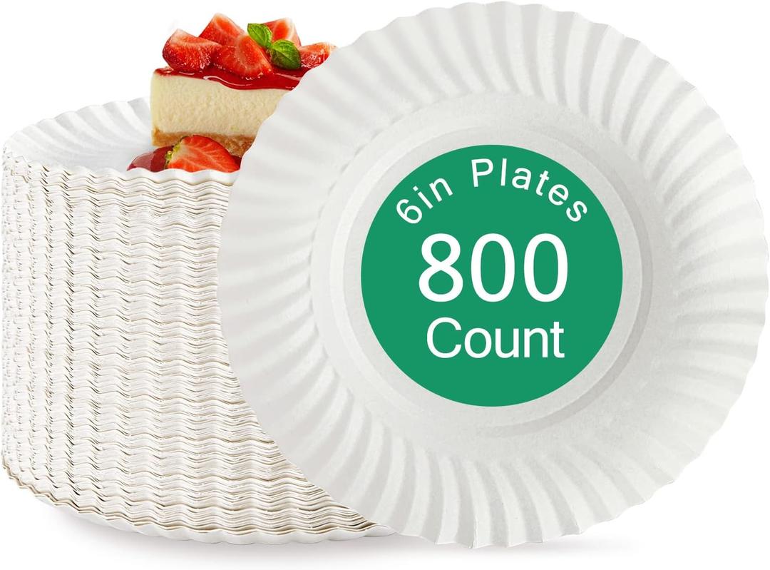 JOLLY PARTY 6 Inch White Paper Plates Uncoated, Everyday Disposable Paper Plates, Light Weight Small Dessert Plates, Round 6" Paper Plate Bulk, 800 Count