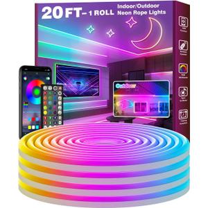 20Ft Led Rope Lights, Flexible Neon Lights Control with App/Remote, Multiple Modes, IP65 Outdoor RGB Waterproof, Music Sync Gaming Light Strip for Bedroom Decor