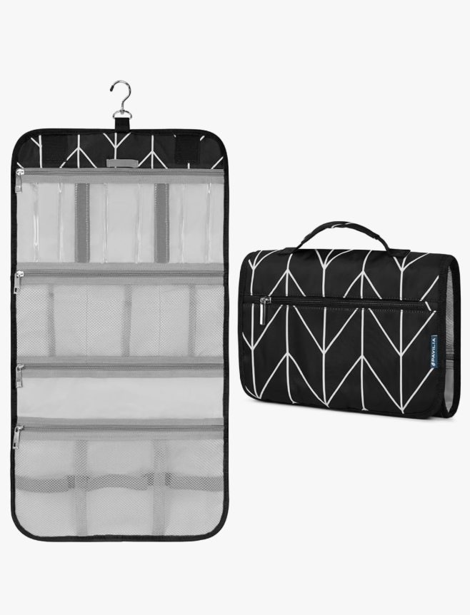 PAVILIA Hanging Toiletry Bag Women Men, Travel Kit Foldable Large Toiletries Organizer, Roll up Cosmetics Makeup Bag Accessories, Waterproof Essentials Jewelry Case (Black Chevron)