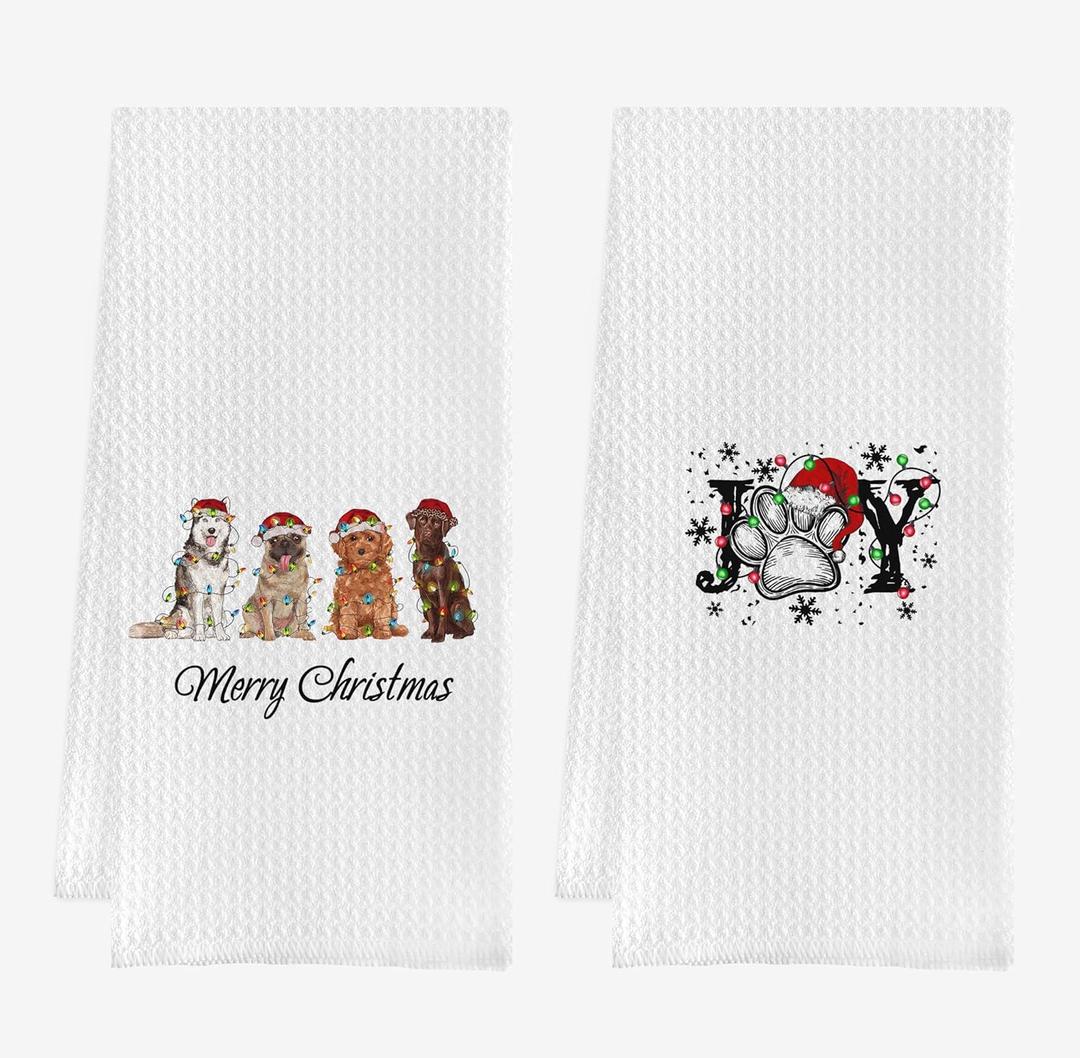 IWXYI Christmas Kitchen Towels,Christmas Hand Towels,Merry Christmas Dog Waffle Weave Kitchen Dish Towels,Christmas Dog Tea Towels Dish Towels For Kitchen Bathroom,Gifts For Dog Lovers(1624 set of 2)