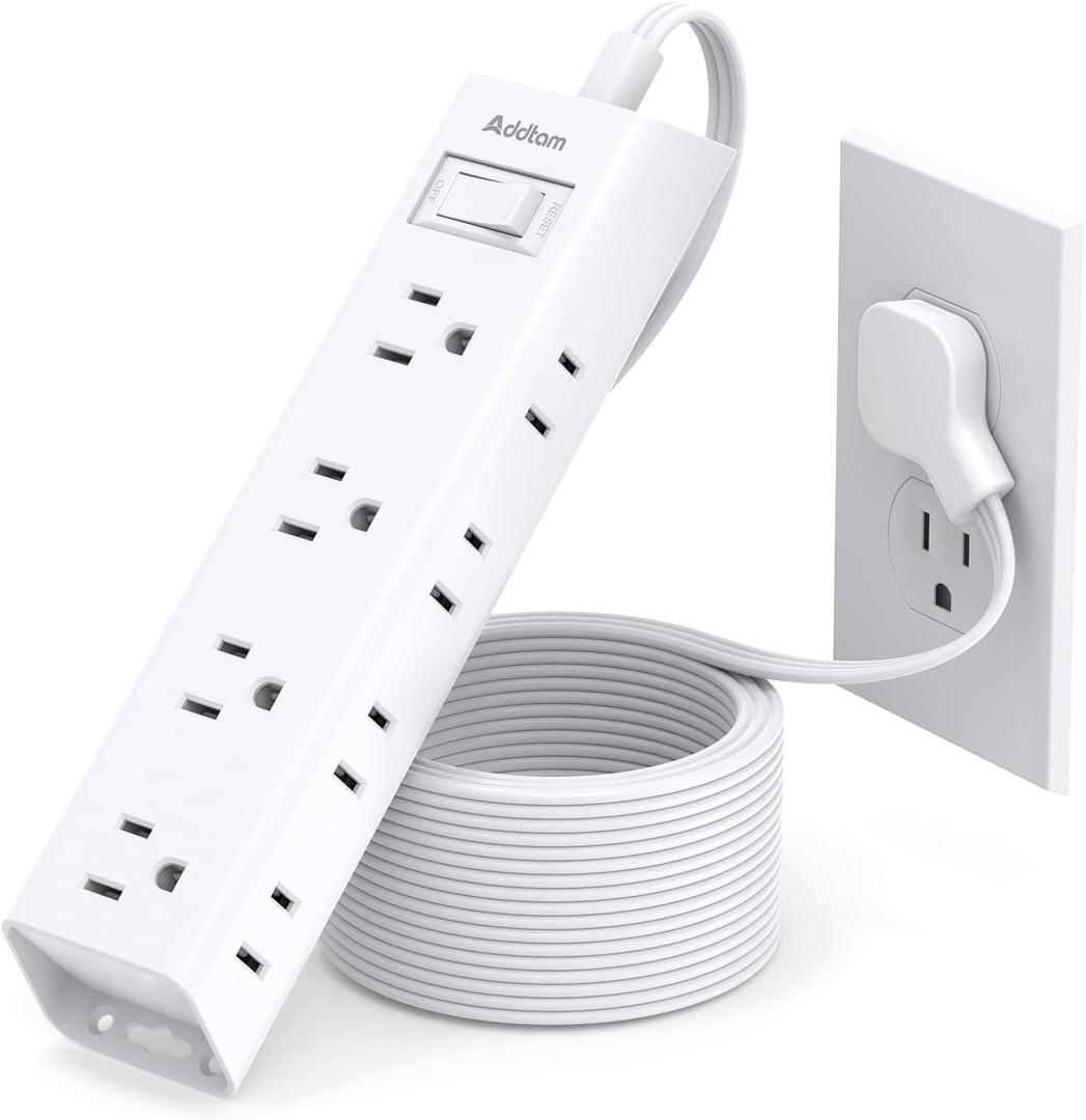 20FT Extension Cord with Multiple Outlets - Surge Protector Power Strip, Addtam 12 Widely 3 Sides Outlet Extender, 900J, Wall Mount, Flat Extension Cord for Home Office College Dorm Room Essentials (White)