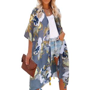 Moss Rose Women's Beach Cover up Swimsuit Kimono Cardigan with Bohemian Floral Print (Dusty Blue Garden)