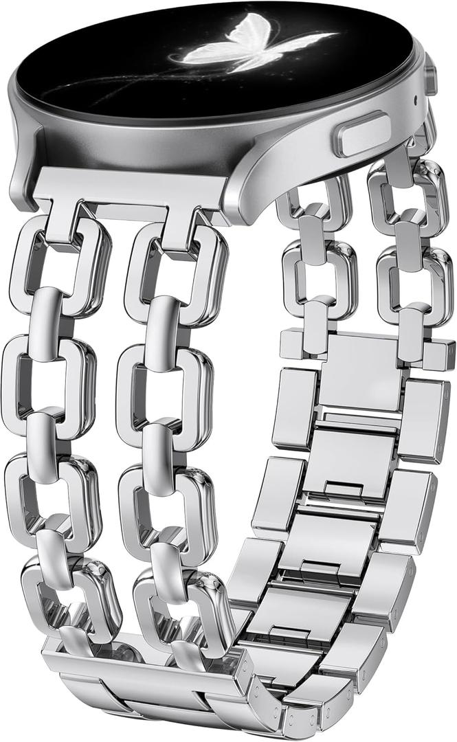 Wearlizer Metal Bands Compatible with Samsung Galaxy Watch 8 Band 40mm 44mm/Watch 8 Classic 46mm, No Gap Dressy Stainless Steel Chain Strap Wristbands Accessories for Women (Silver)