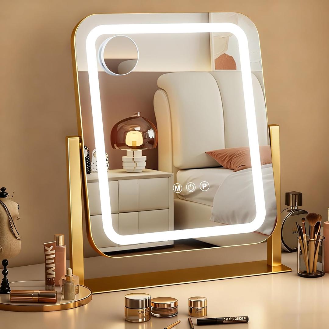 Gold Vanity Mirror with Lights 15"13", Led Makeup Mirror, Lighted Makeup Mirror with 3 Color Dimmable Lights, Smart Touch Screen Control, 360Rotation
